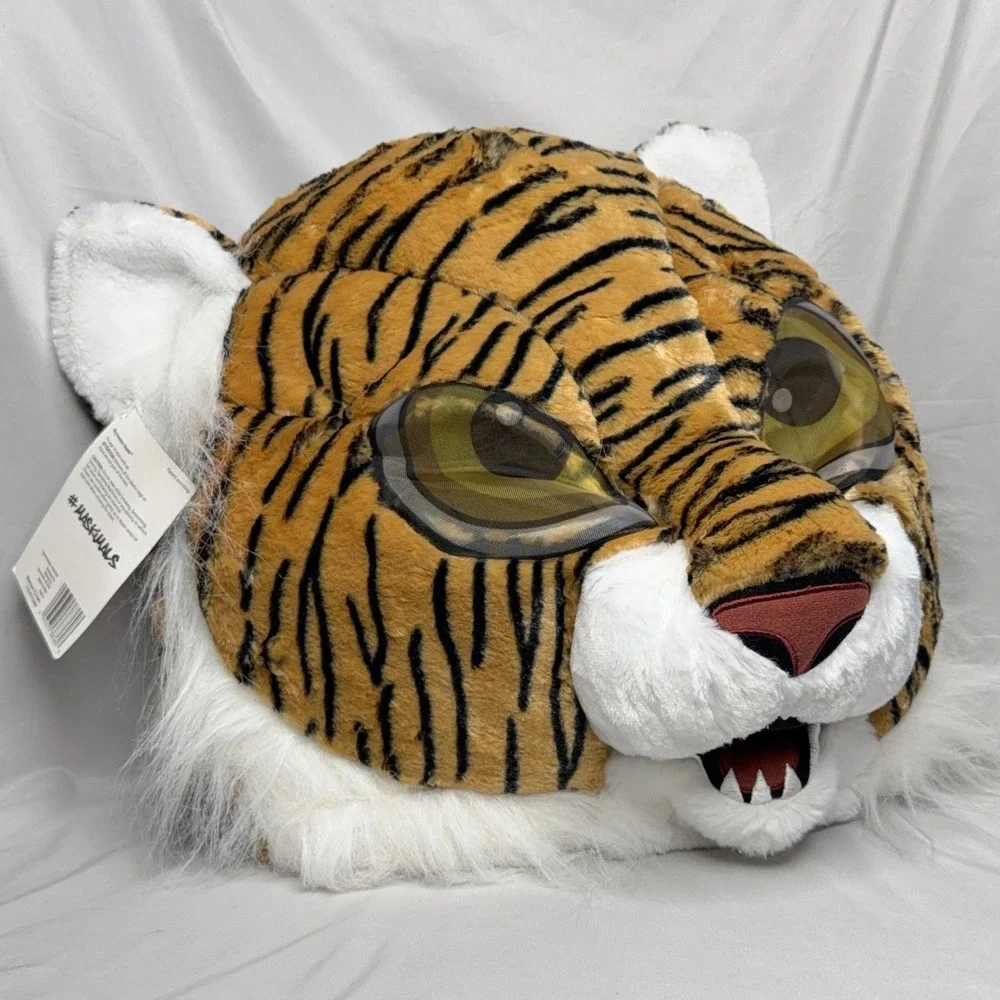 Maskimals Tiger Mask Costume Mens Orange Big Head Adult Plush Face Mask New